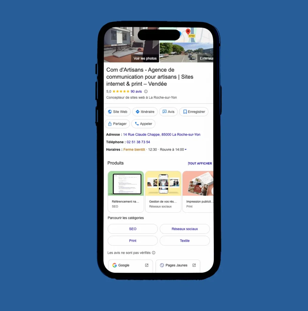 Capture d'écran d'un smartphone affichant la fiche Google My Business de l'agence Com d'Artisans à La Roche-sur-Yon