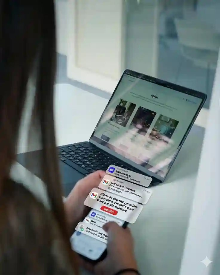 Main tenant un smartphone dont l'écran affiche une alerte de sécurité rouge vif, bloquant l'interface habituelle pour signaler une tentative d'usurpation d'identité.