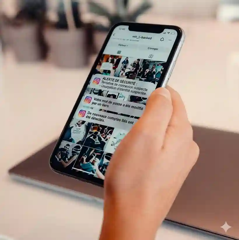 Main tenant un smartphone affichant un profil Instagram avec des notifications d'alertes de sécurité pour tentative de connexion suspecte et usurpation d'identité.